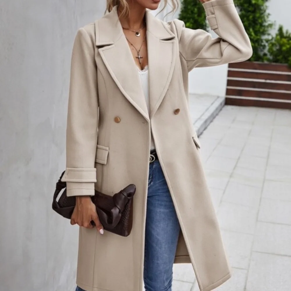 Cream Button up Trench Pea Coat Minimalist Classic - Picture 1 of 4